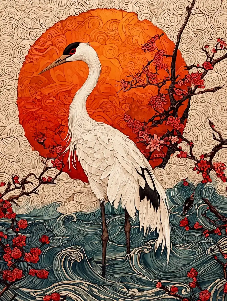 Crane and Blossoms in Watercolor Midjourney提示词