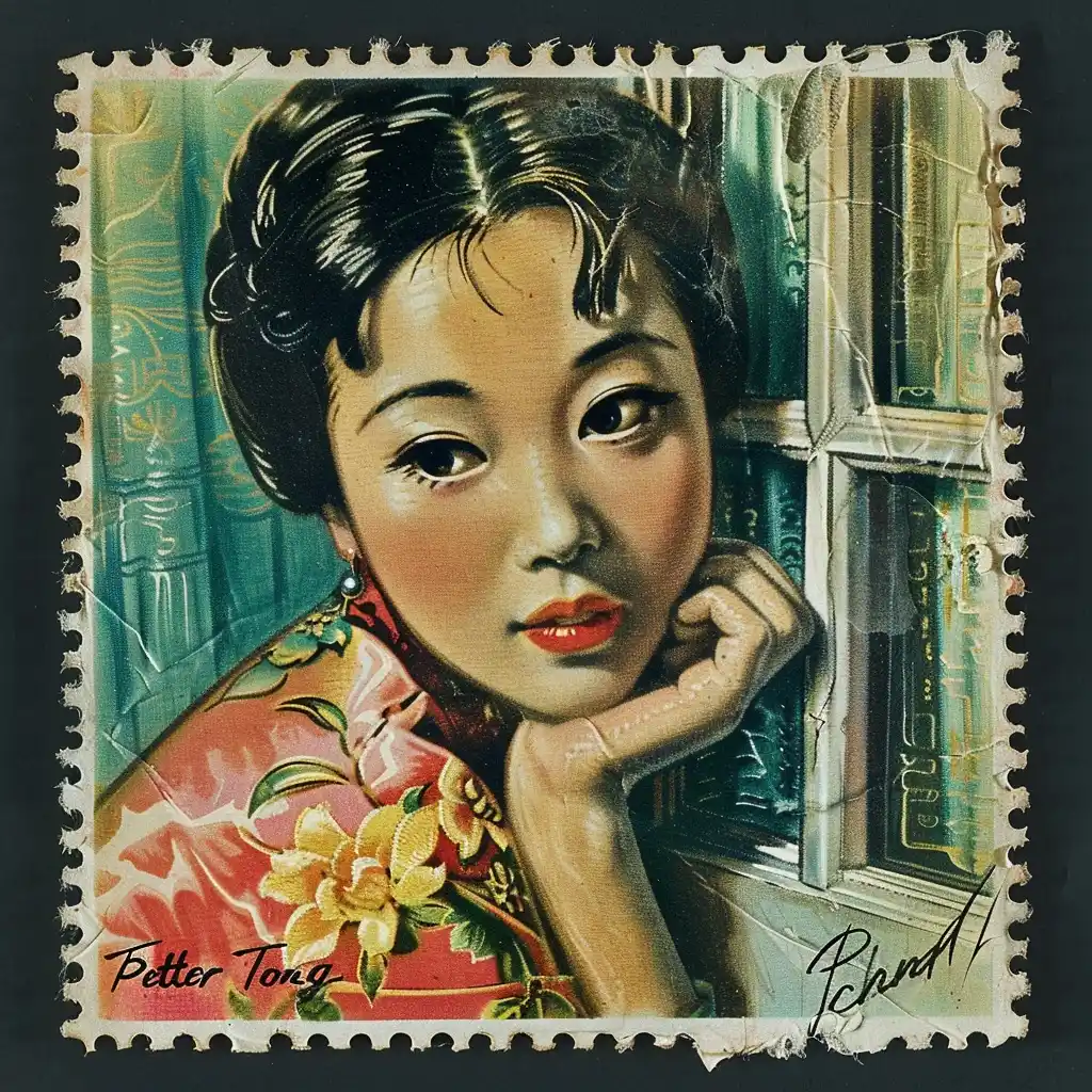 Vintage Shanghai Stamp Cheongsam Midjourney提示词