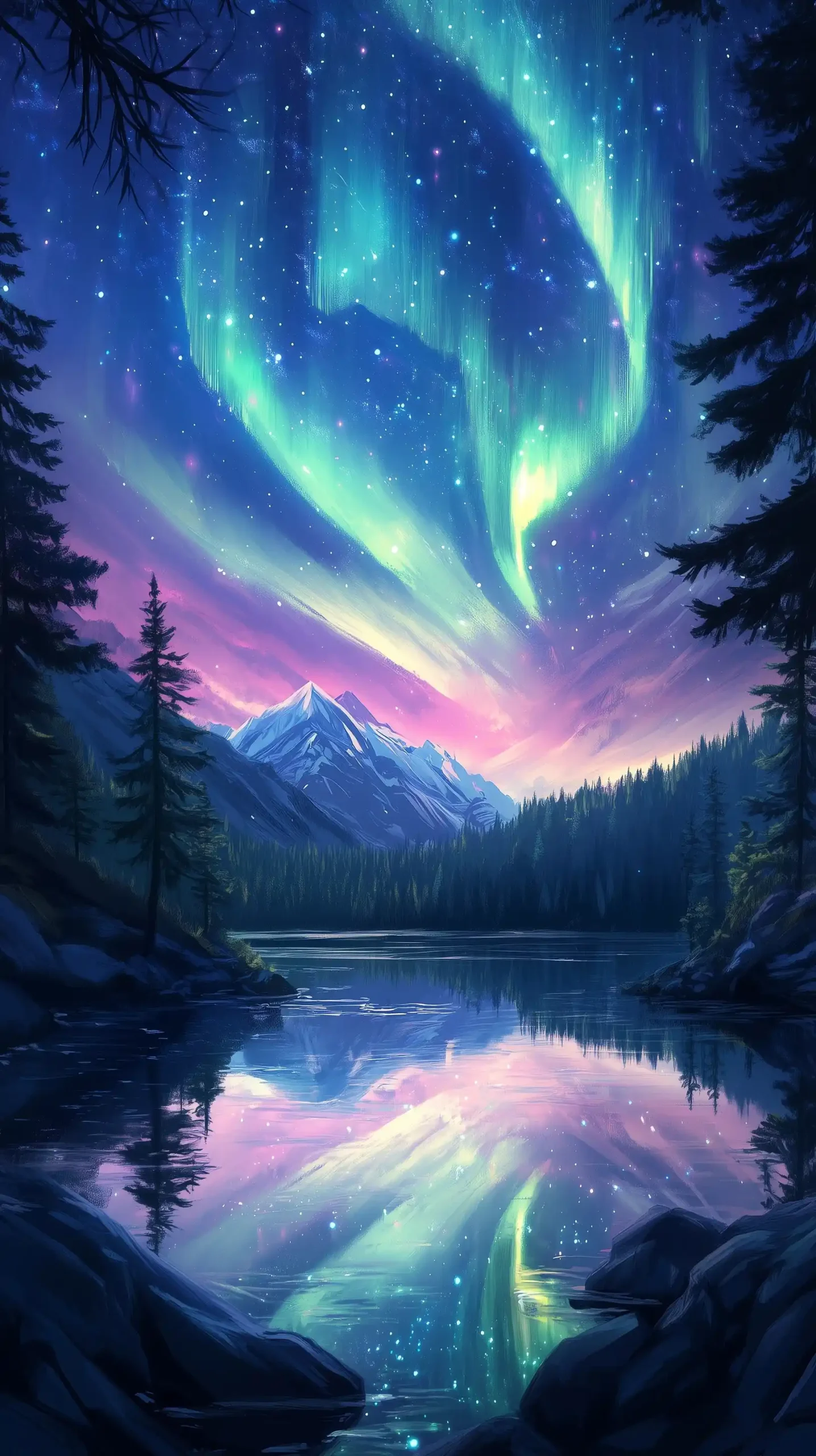 Anime Aurora Over Forest Midjourney提示词