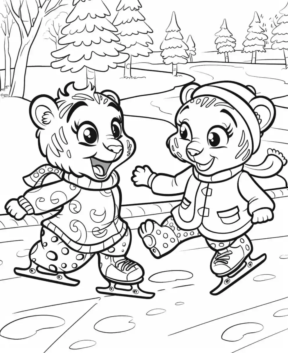 Cartoon Snow Leopards Skating Midjourney提示词