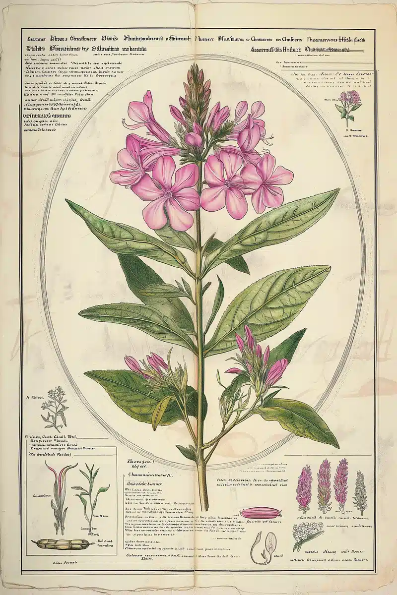 Vintage Botanical Fireweed Illustration Midjourney提示词