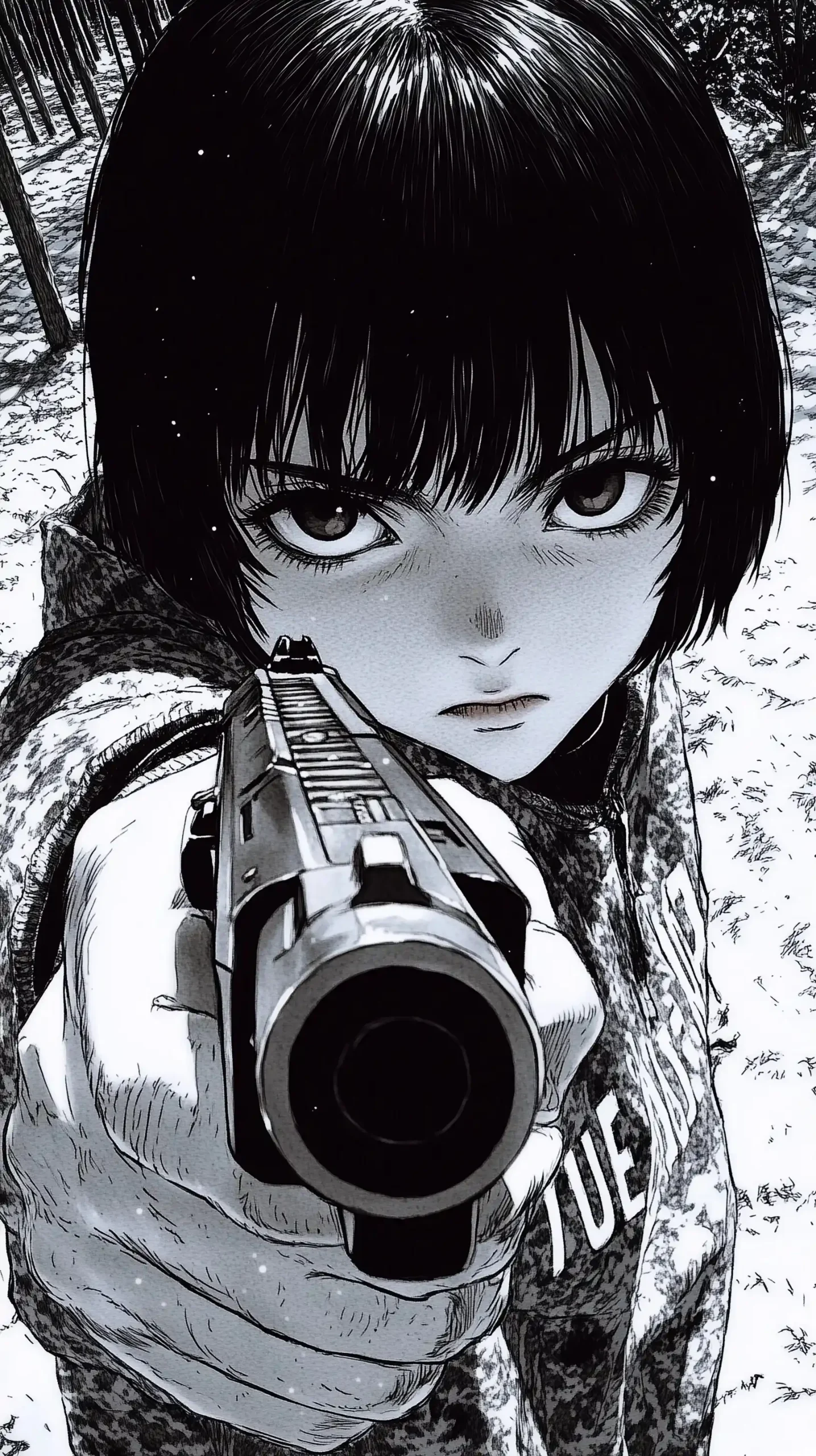 Boy Aiming Pistol in Snow Midjourney提示词