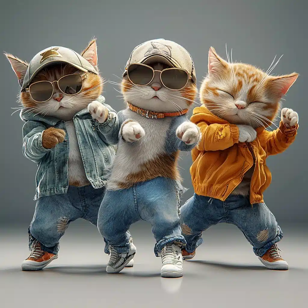 Pixar 3D Breakdancing Cats Midjourney提示词