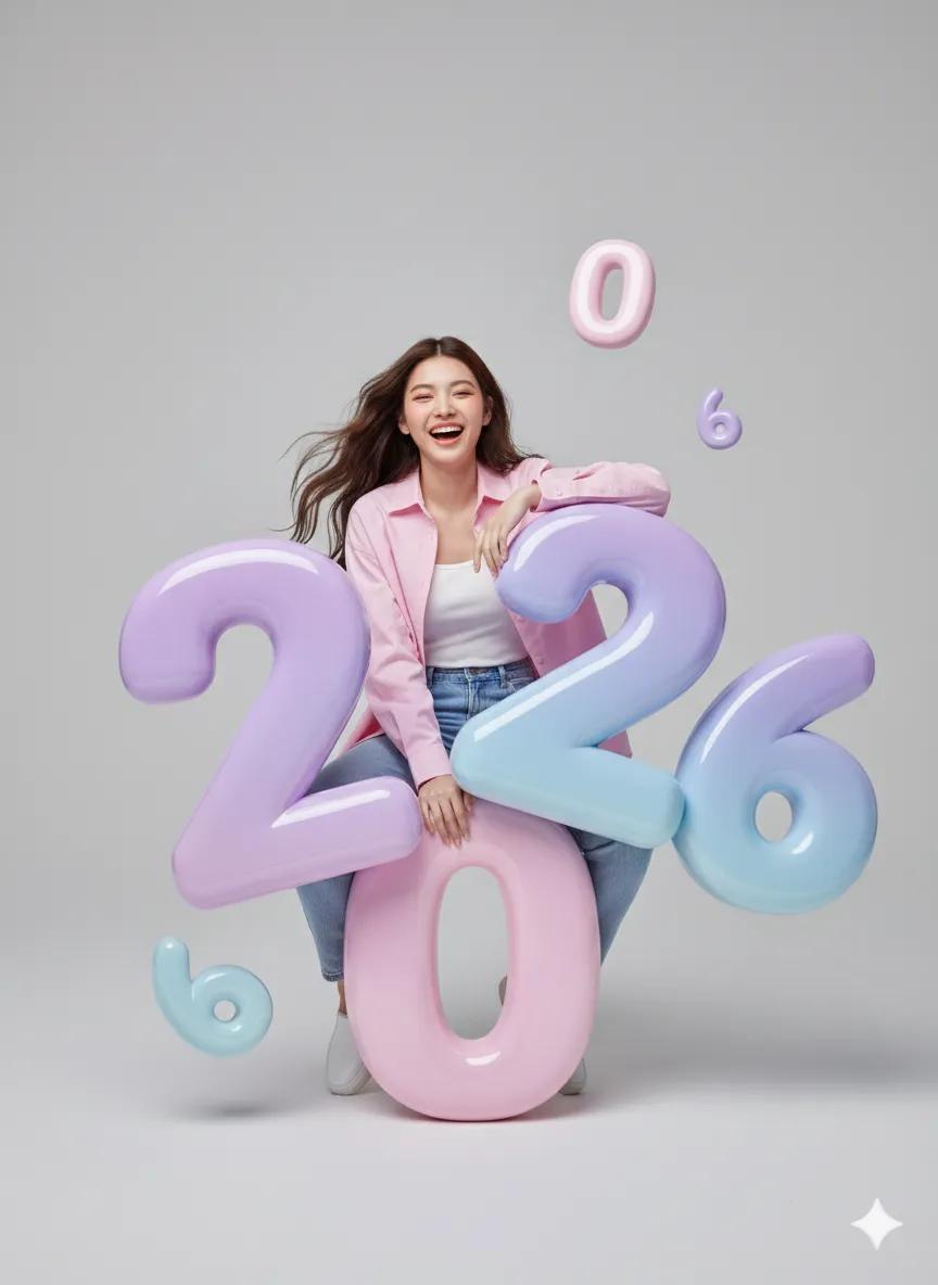 Cheerful Woman Portrait with Pastel Numbers - Studio Shot Nano Banana提示词