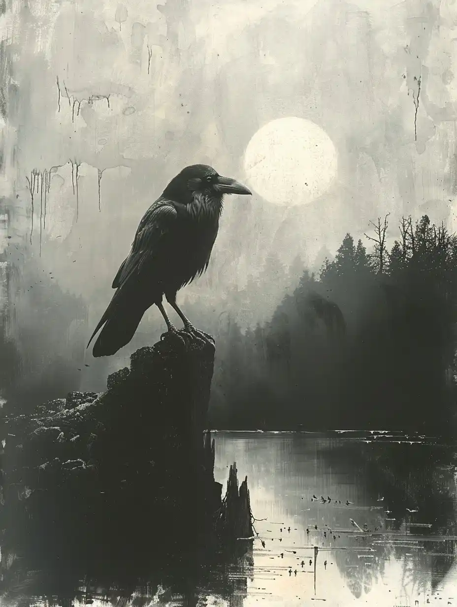 Stippled Raven Silhouette Midjourney提示词