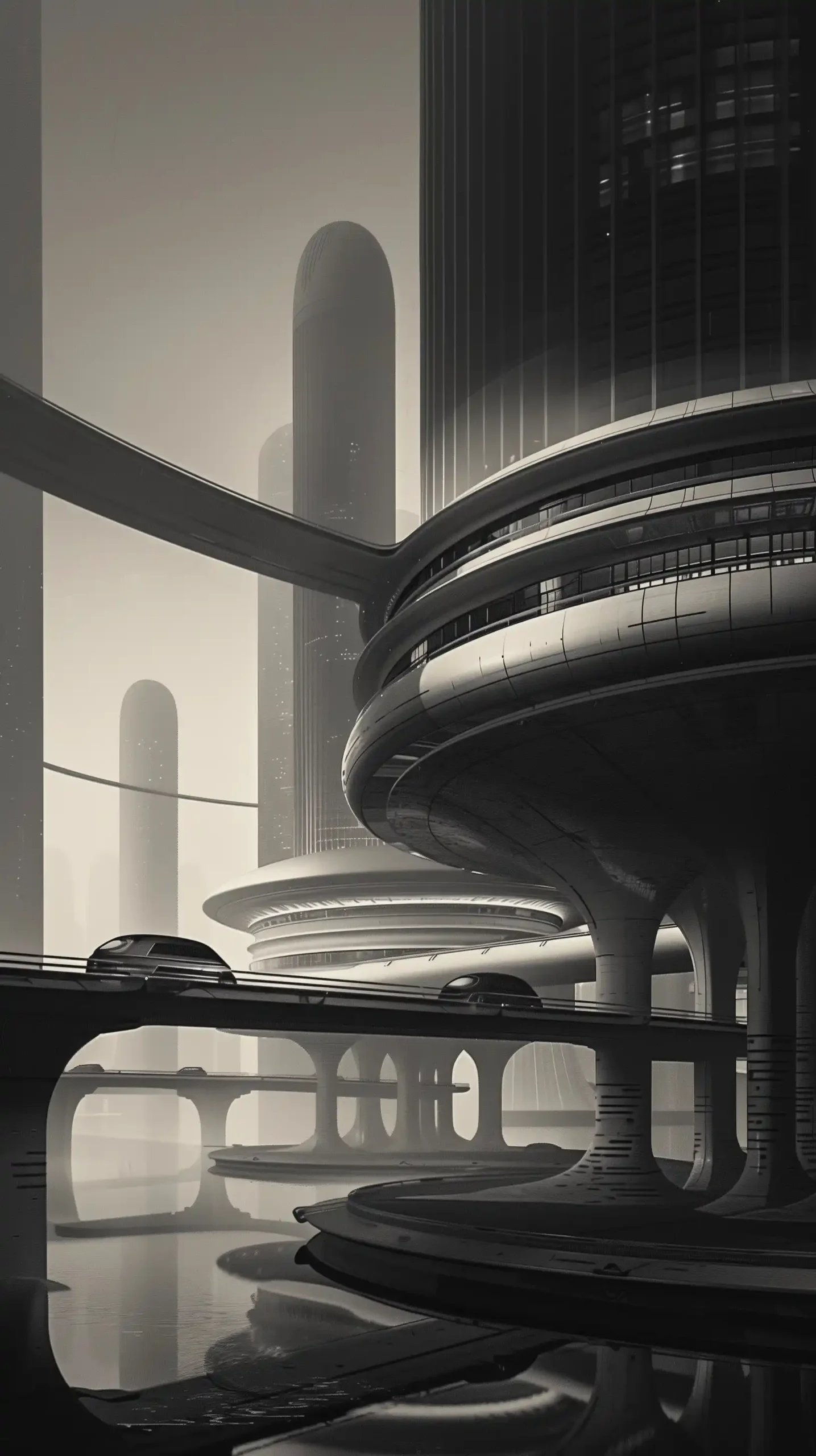 Futuristic Cityscape with Ships Midjourney提示词