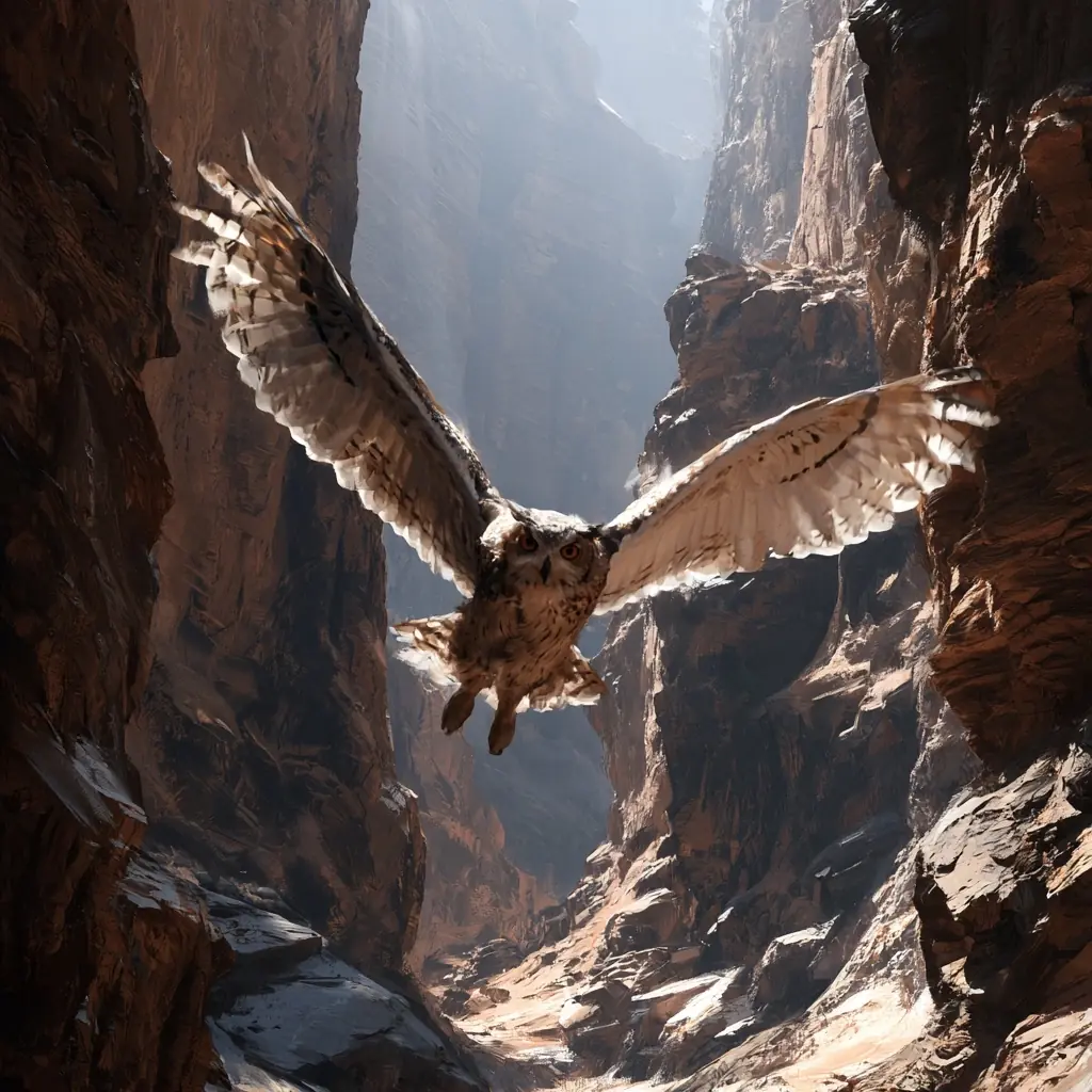 Owl Flying Over Canyon Midjourney提示词