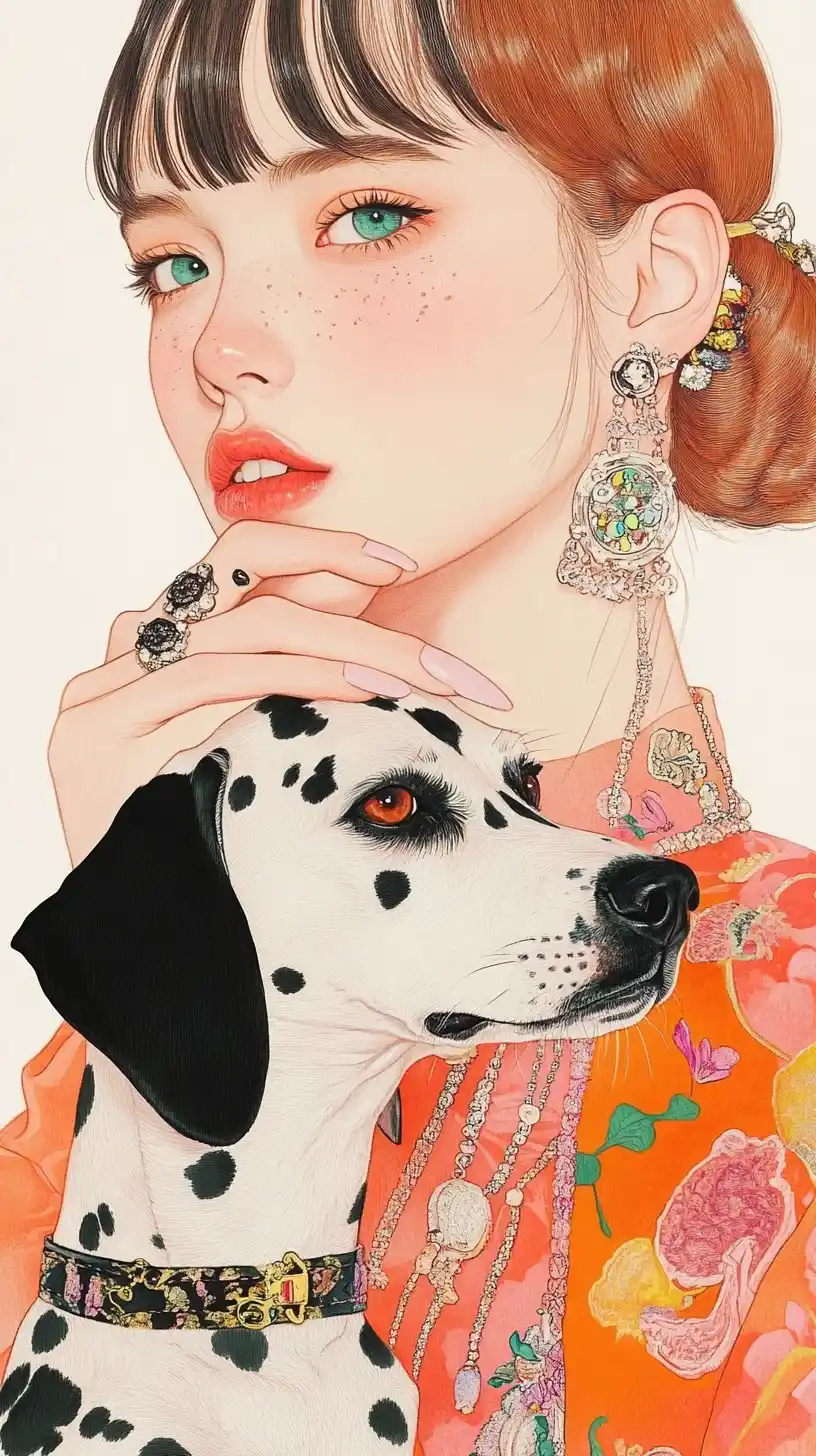Vintage Pencil Drawing Woman with Dalmatian Midjourney提示词