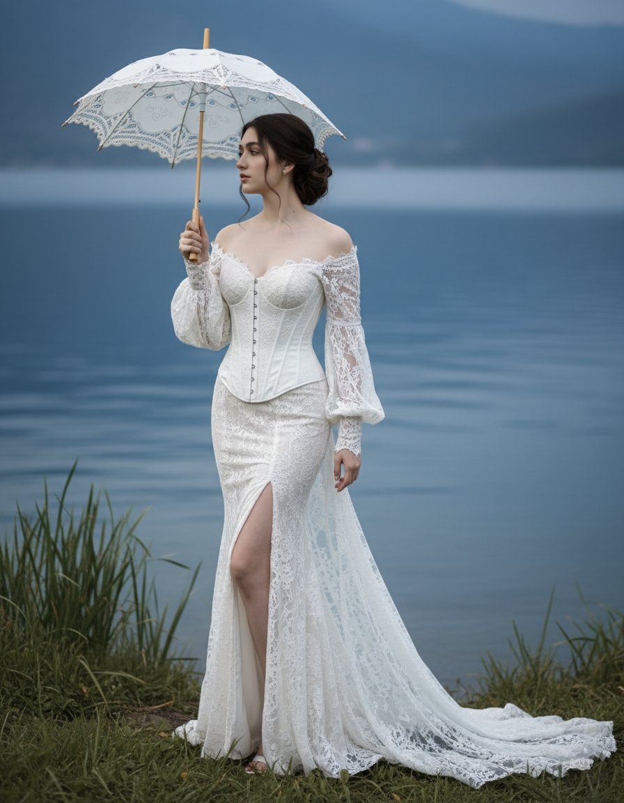 Elegant Woman in White Lace Dress with Parasol by Lake Nano Banana提示词