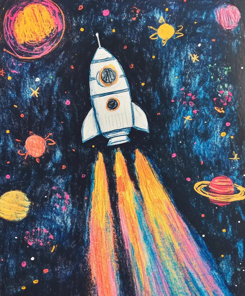 Childs Crayon Spacecraft Drawing Midjourney提示词