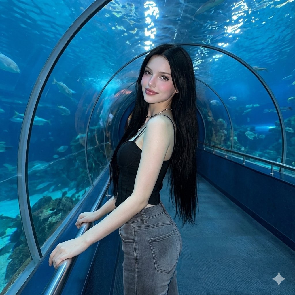 Woman in Underwater Aquarium Tunnel Portrait Photography Nano Banana提示词
