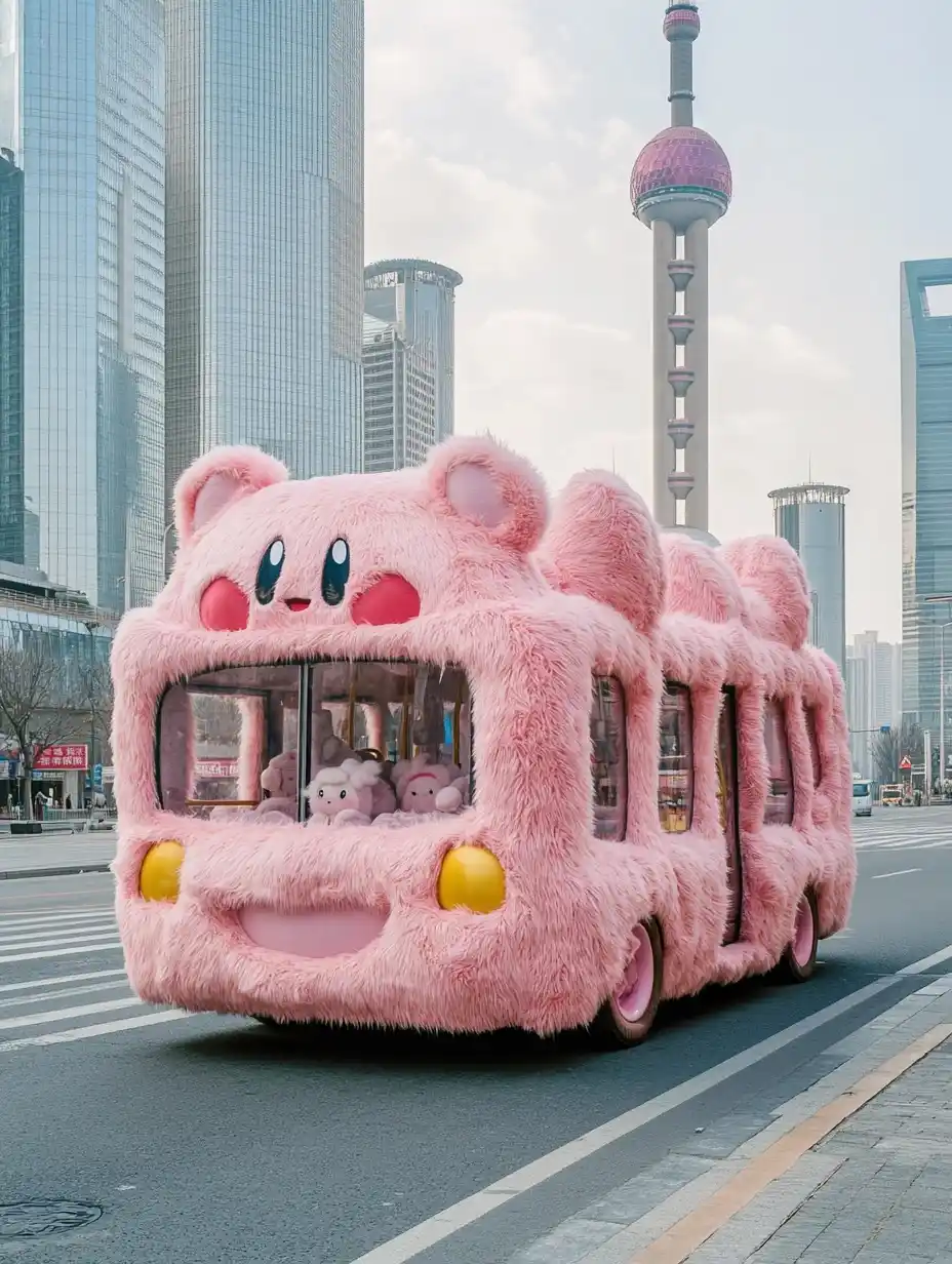 Furry Kirby Bus in Shanghai Midjourney提示词