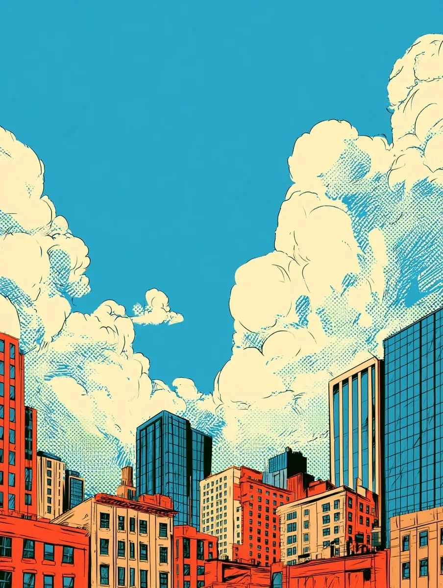 Retro Comic Cityscape Midjourney提示词