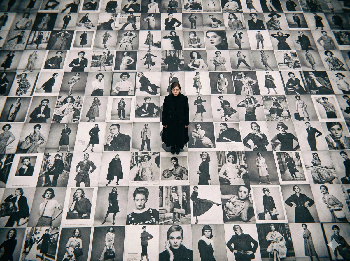 Vintage Fashion Photography Archive Mosaic with Woman Nano Banana提示词