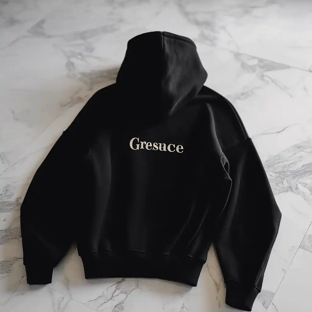 Photorealistic Oversized Hoodie on Marble Floor Midjourney提示词