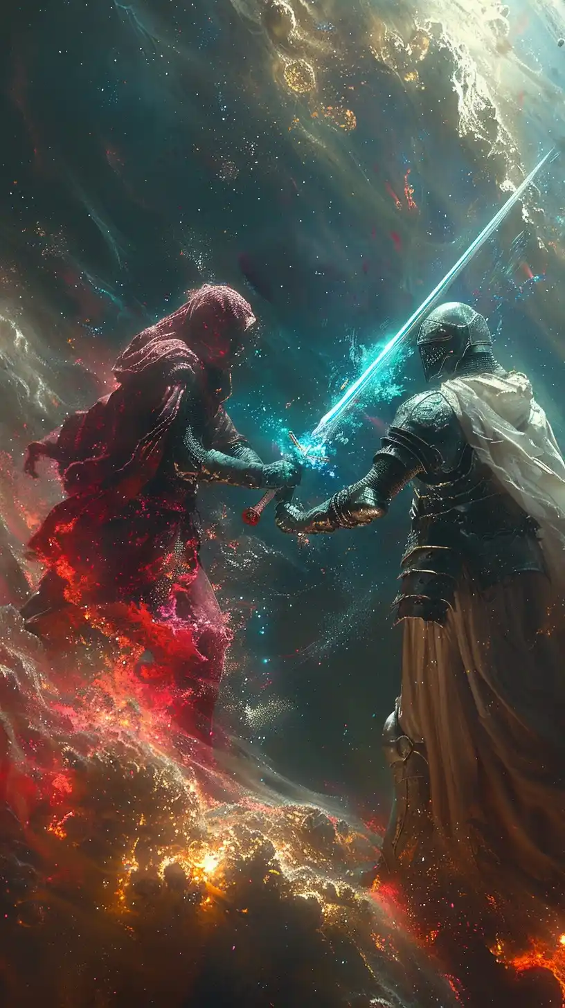 Futuristic Knights Battling Aliens Midjourney提示词