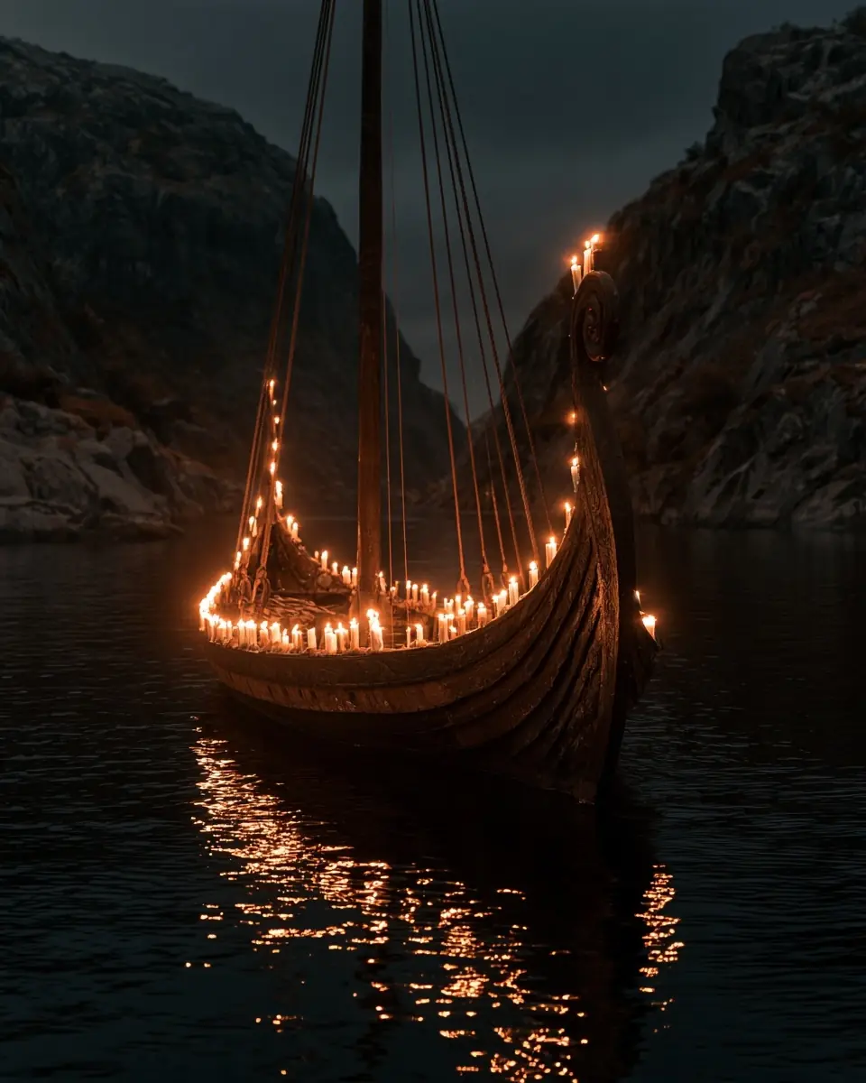 Night Viking Boat Candles Midjourney提示词