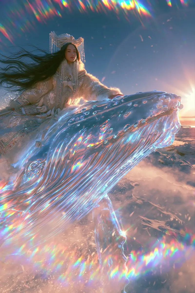 Indigenous Woman Riding Whale Midjourney提示词
