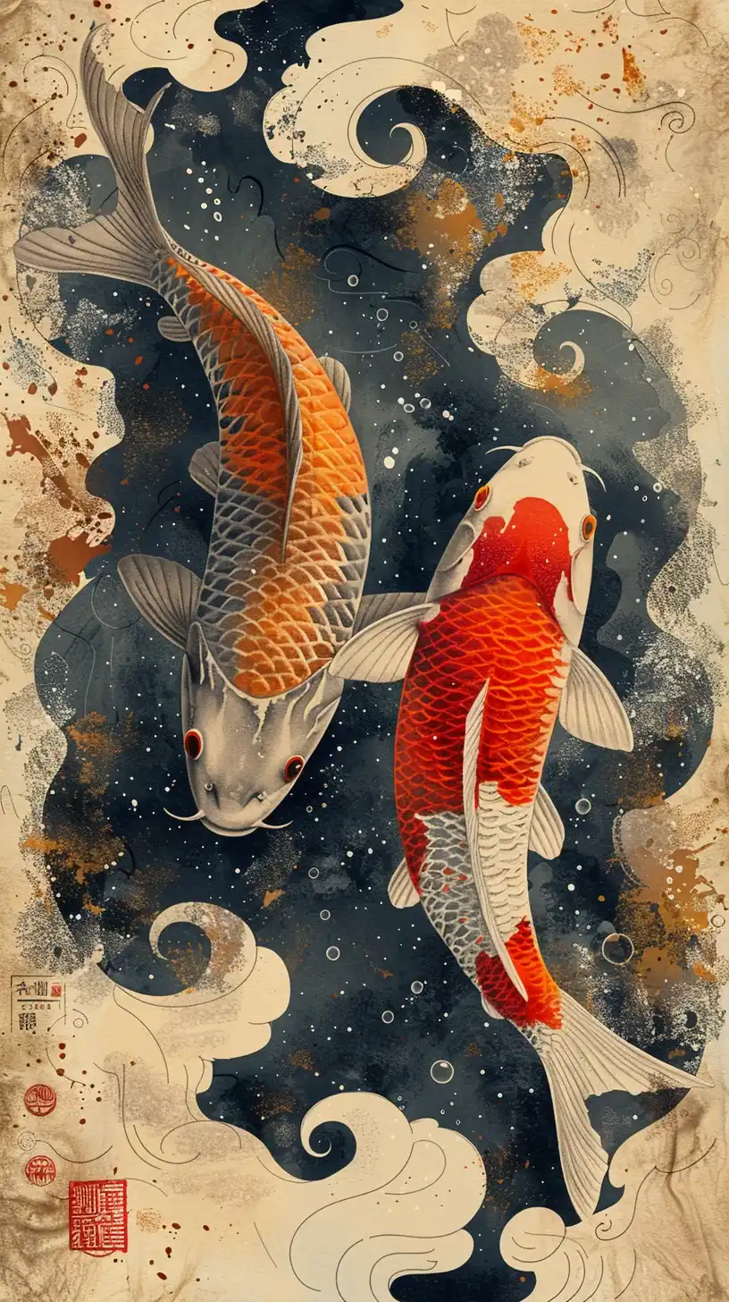 Interconnected Fish Stamp Midjourney提示词