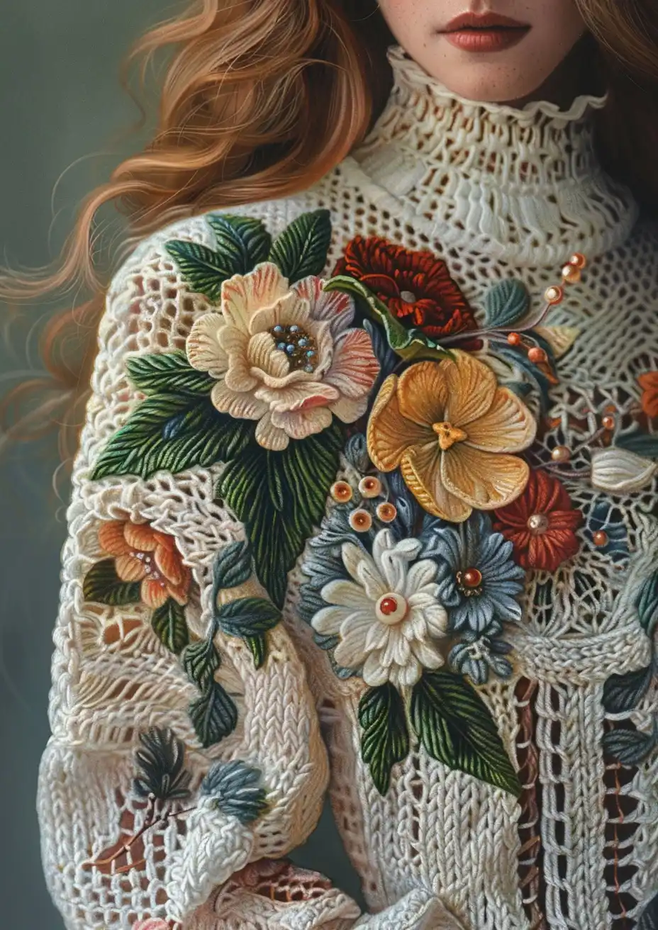 Intricate Crocheted Sweater Illustration Midjourney提示词