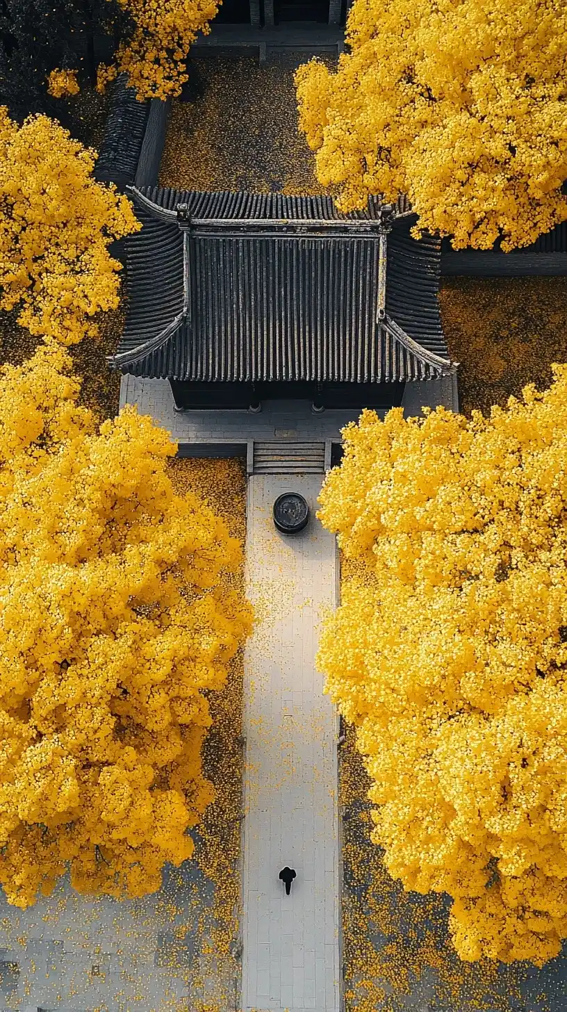 Ginkgo Tree Over Temple Midjourney提示词