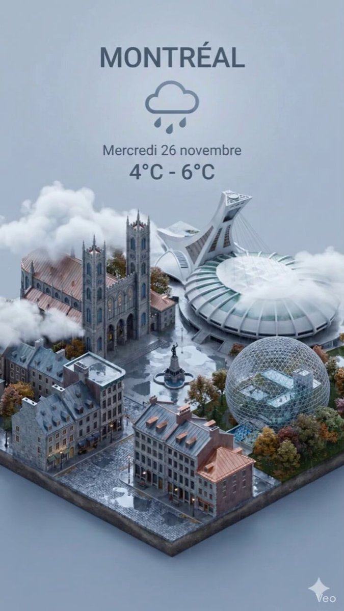 3D Isometric Montreal Cityscape Art - Rainy Weather Forecast Nano Banana提示词