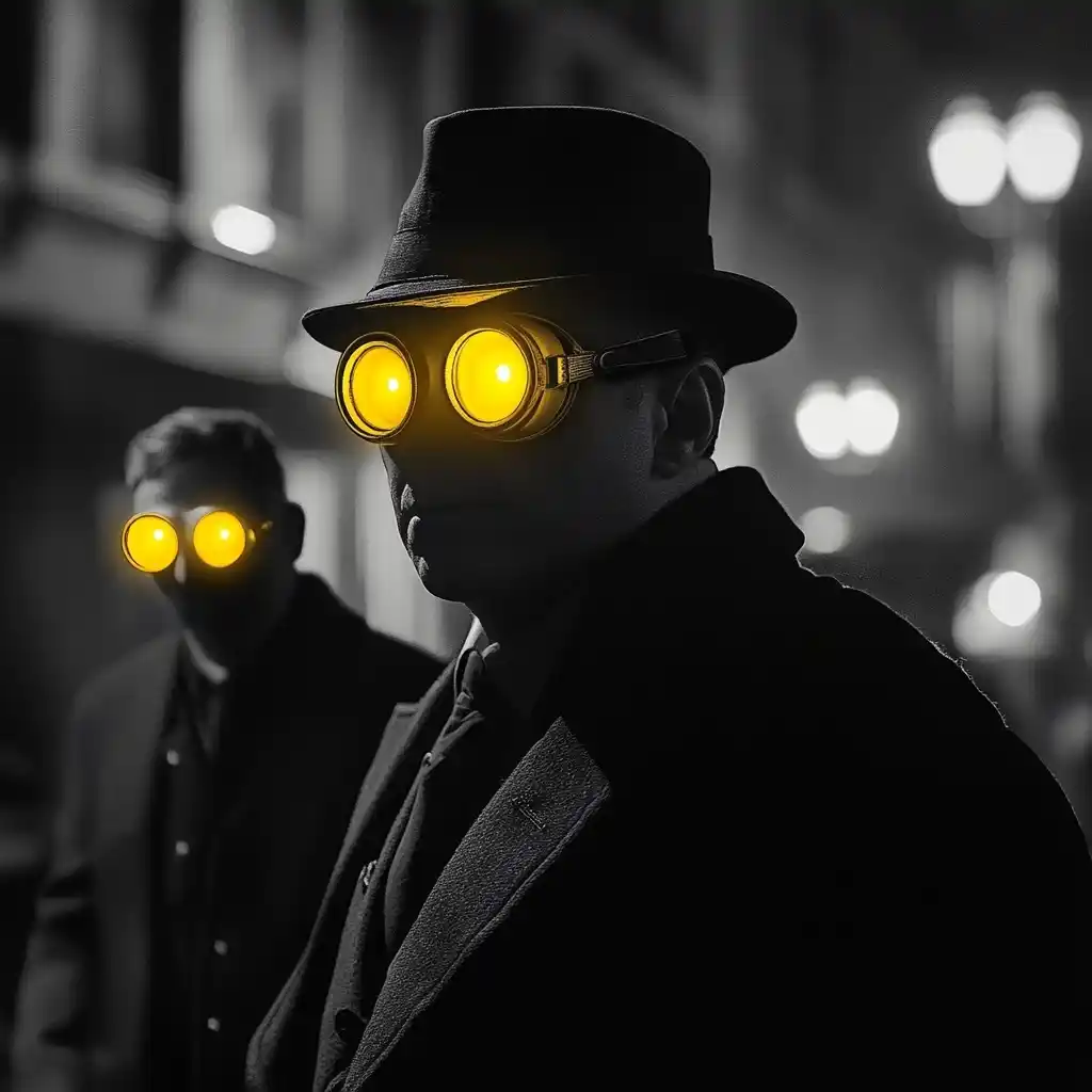 Noir Detective with Glowing Goggles Midjourney提示词