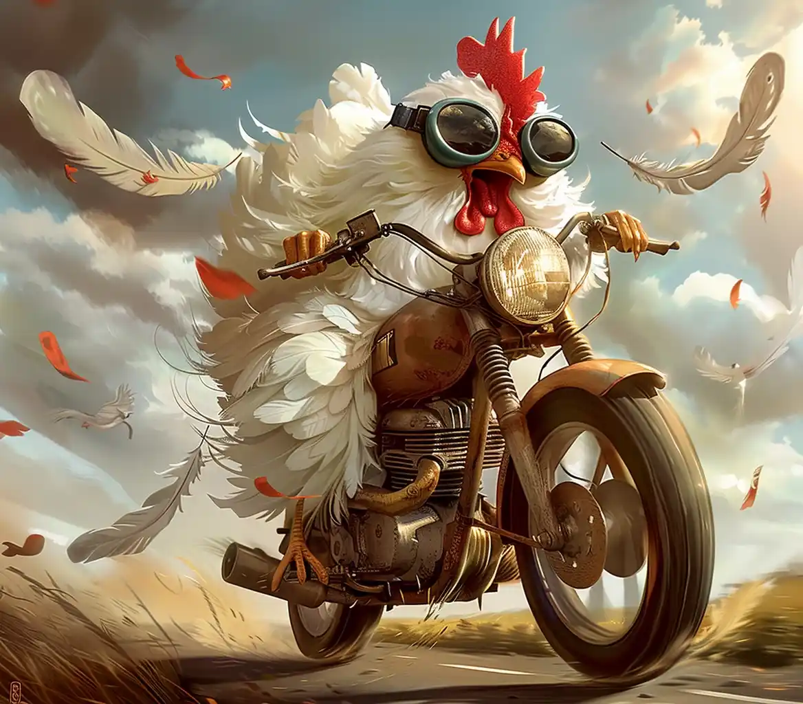 Whimsical Chicken on Motorcycle Midjourney提示词