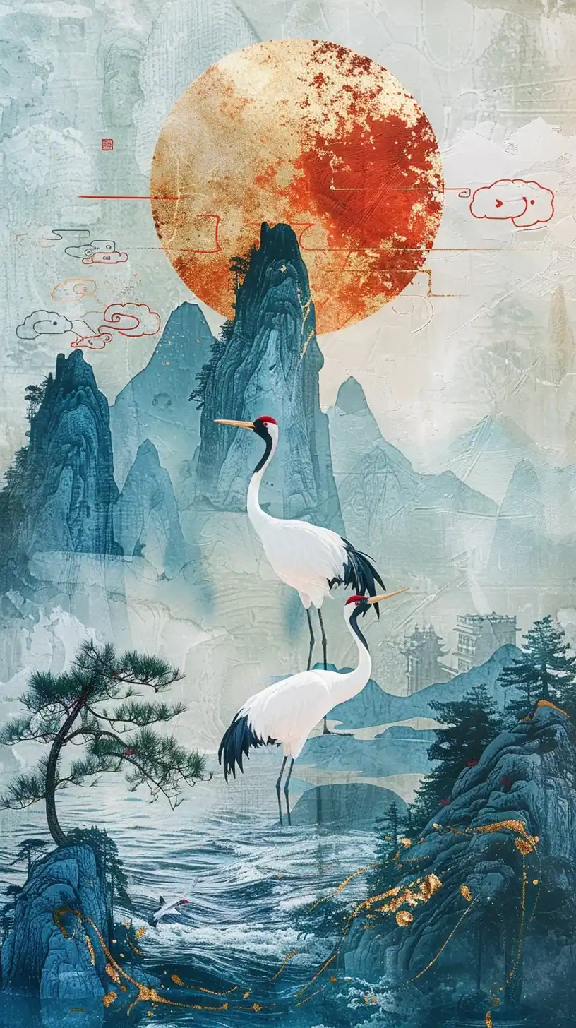 Minimalist Crane Duo Midjourney提示词