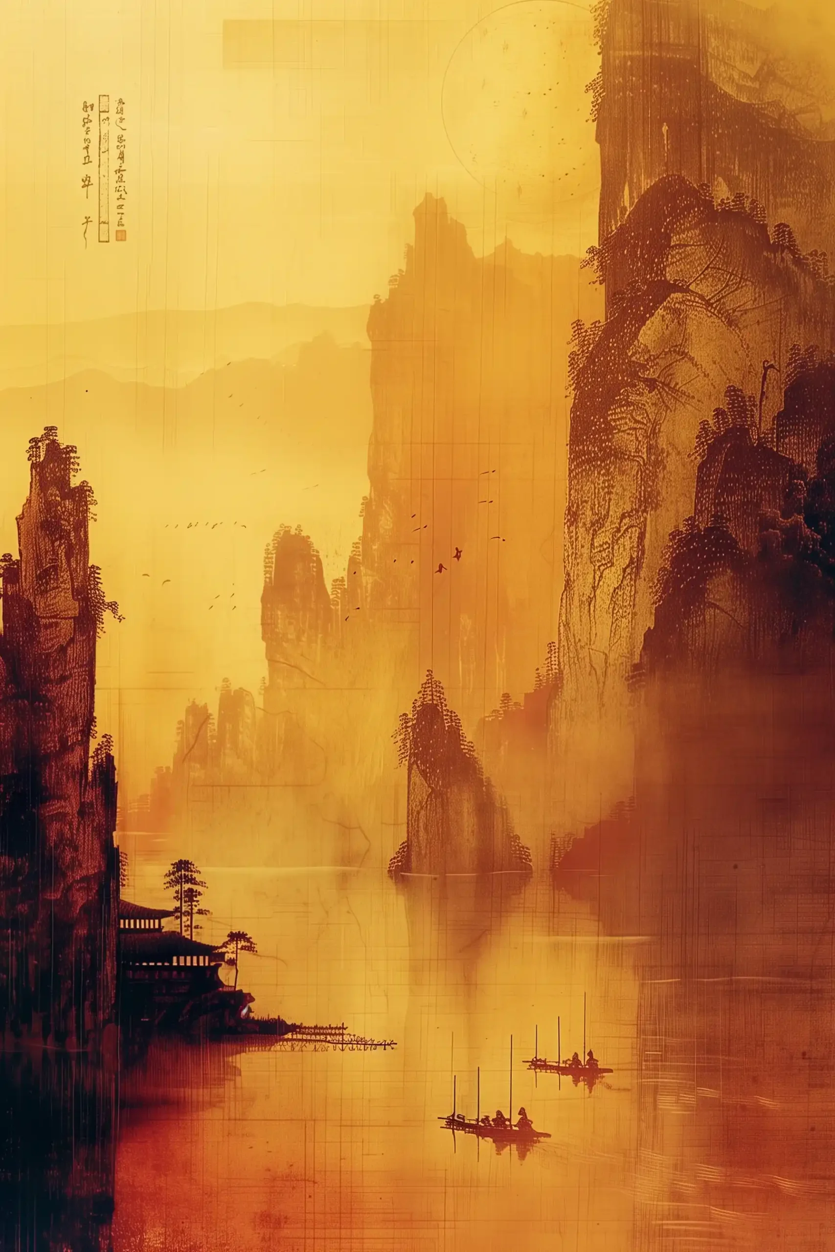 Chinese Ink Cliffs Midjourney提示词
