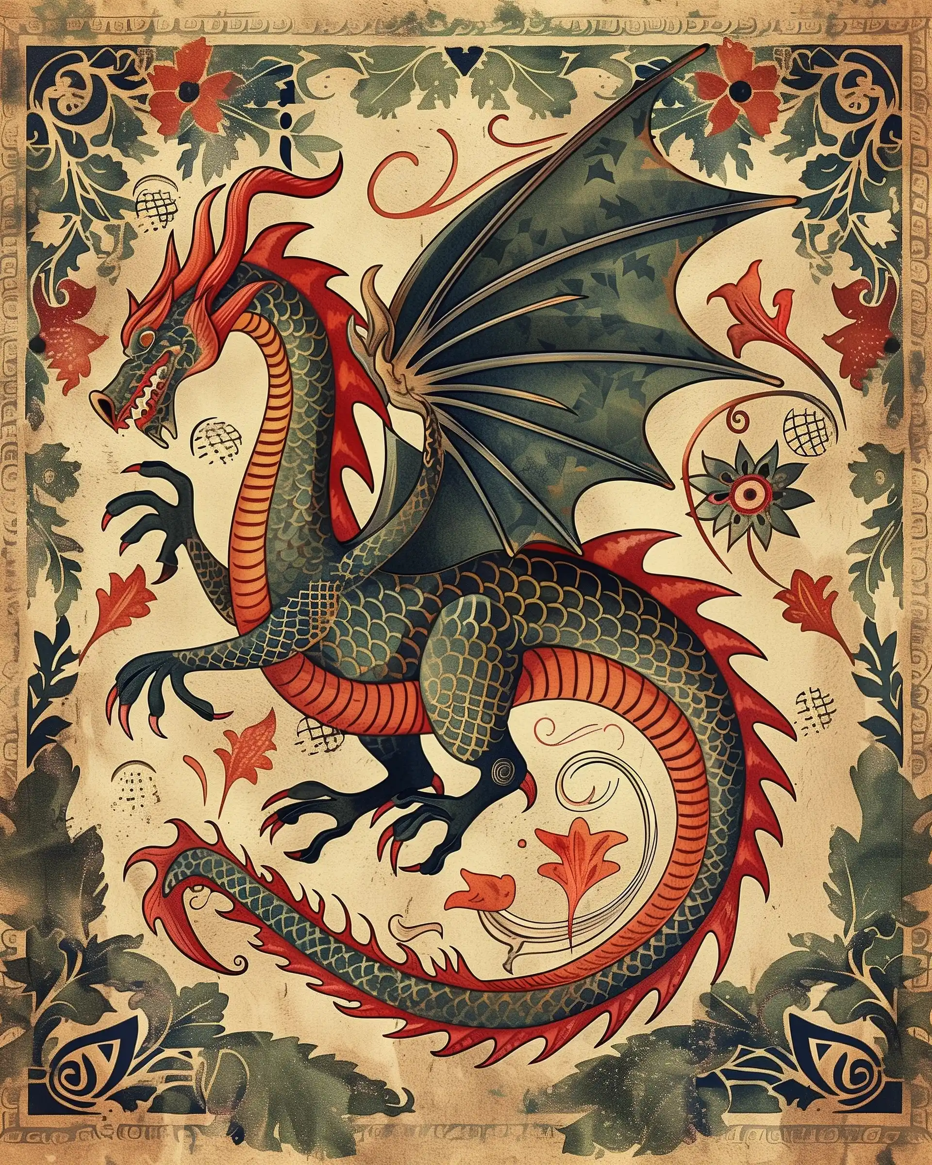 Medieval Decorative Dragon Design Midjourney提示词
