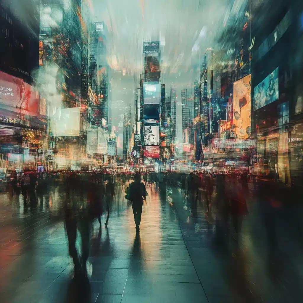 Surreal Cityscape with Screens Midjourney提示词
