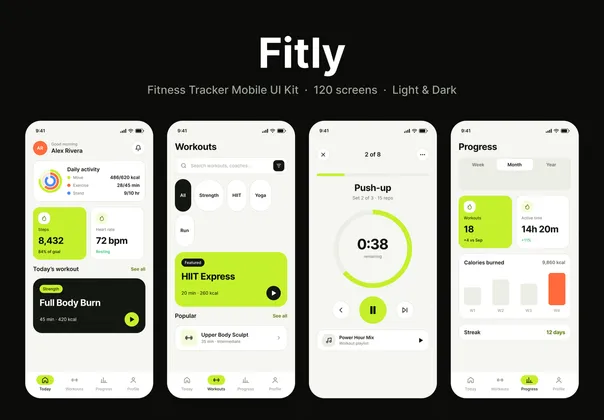 健身追踪App UI套件（Figma），Fitly – Fitness Tracker Mobile UI Kit