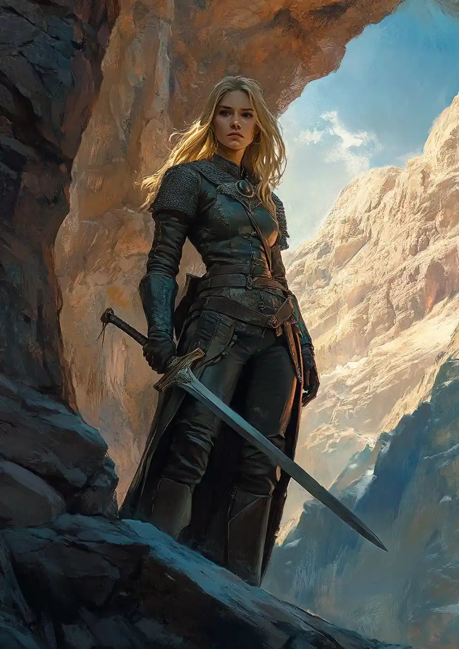 Leather-Clad Warrior in Mountain Pass Midjourney提示词
