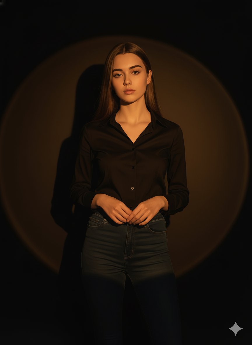 Photorealistic Portrait of Woman in Spotlight | Dramatic Lighting Nano Banana提示词