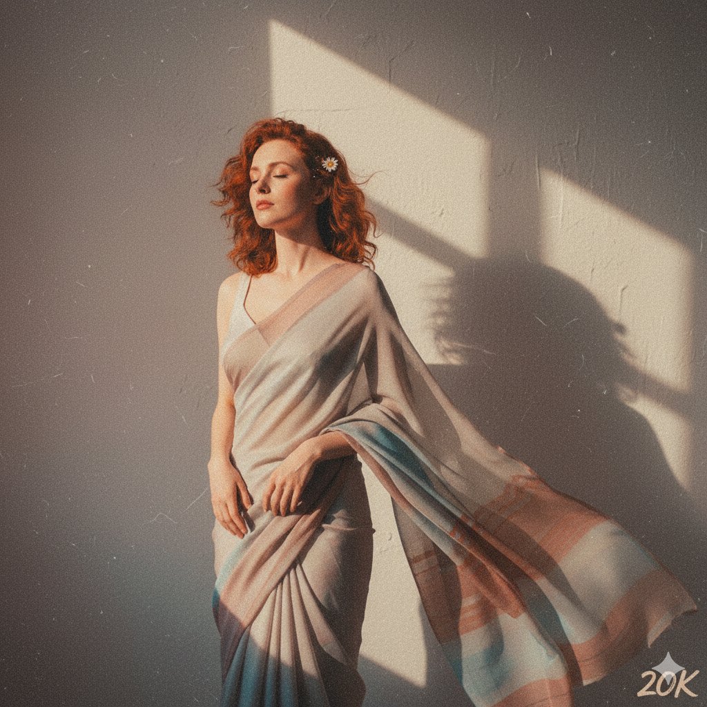 Elegant Saree Fashion: Redhead Woman in Golden Hour Light Nano Banana提示词