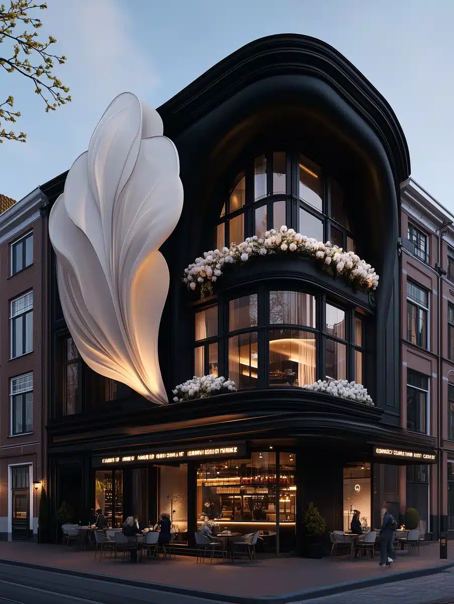 Tulip-Draped Modern Cafe Midjourney提示词
