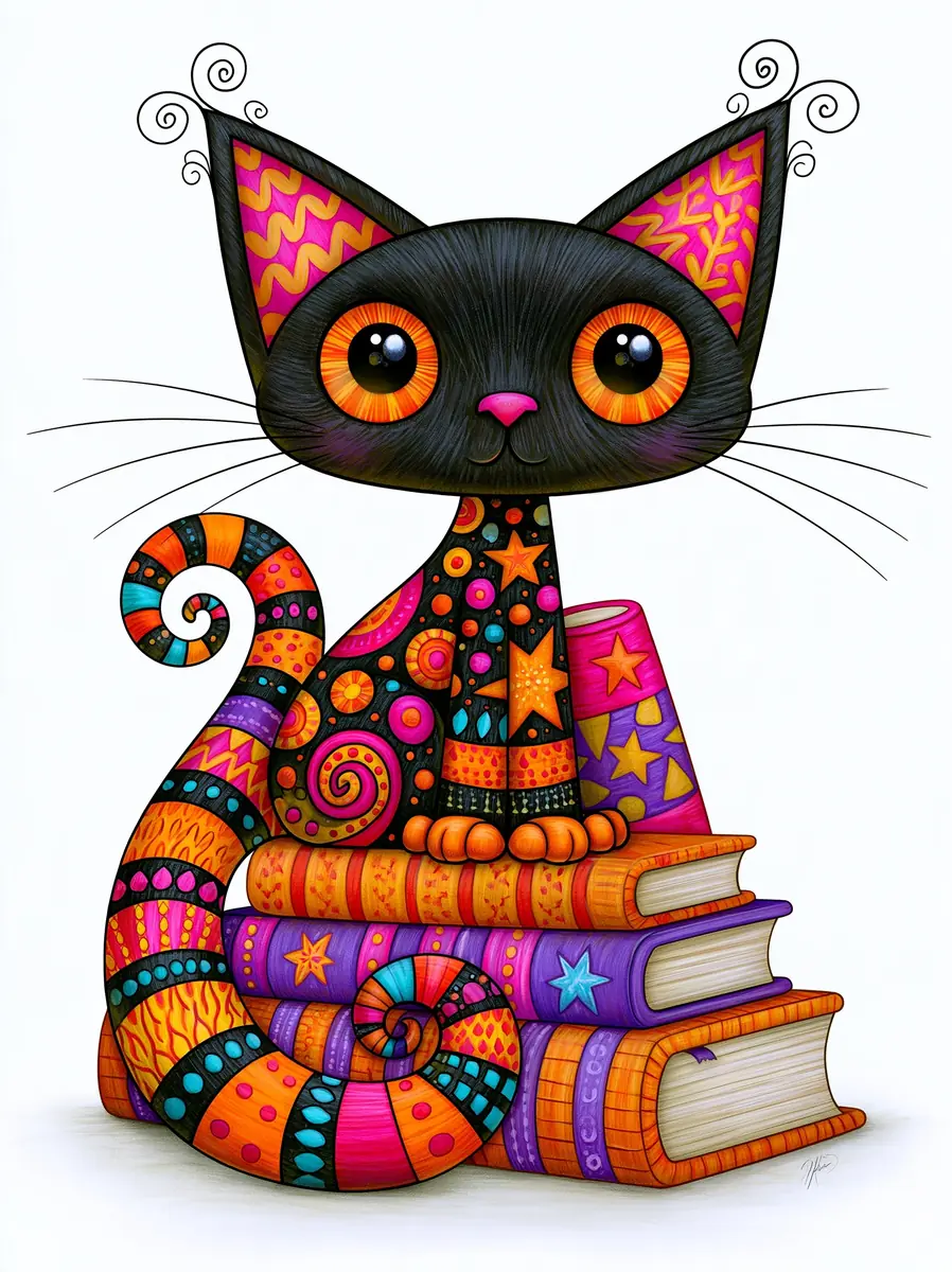 Halloween Books With Cat Midjourney提示词