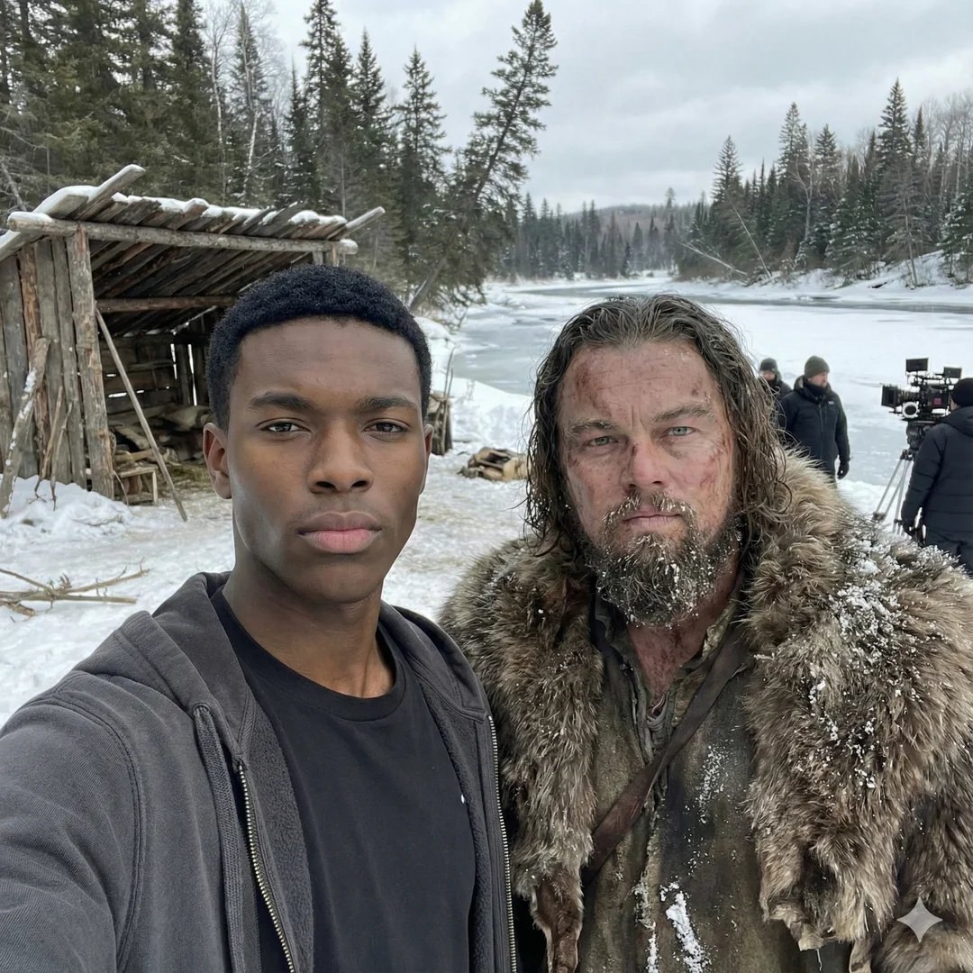 Leonardo DiCaprio on The Revenant Film Set - Winter Selfie Nano Banana提示词