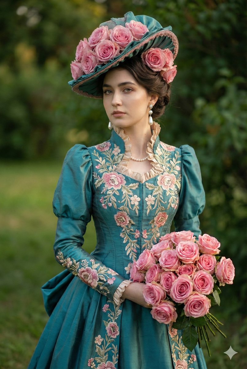 Elegant Woman in Rose Hat & Embroidered Teal Gown Portrait Nano Banana提示词