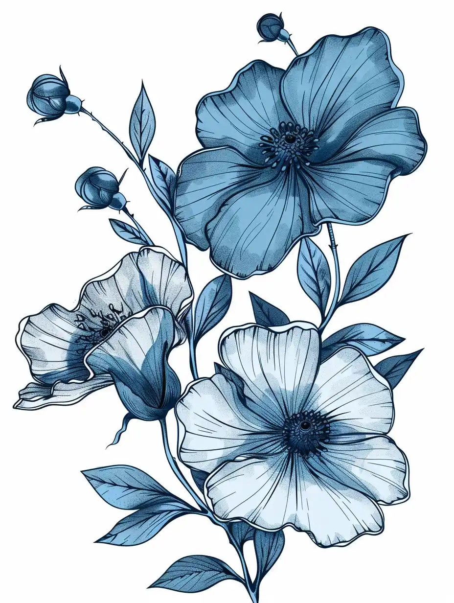 Vintage Blue Floral Sketch Midjourney提示词