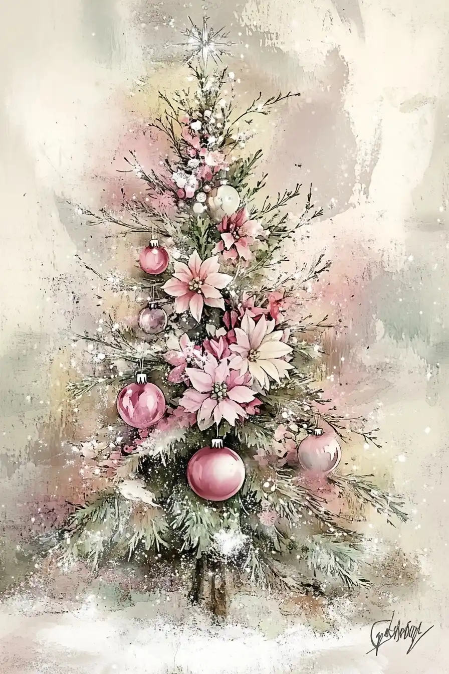 Pastel Christmas Tree Illustration Midjourney提示词