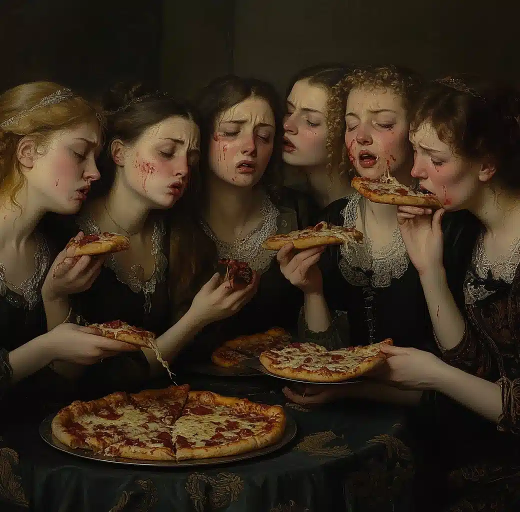 Dutch Painting of Women Eating Pizza Midjourney提示词