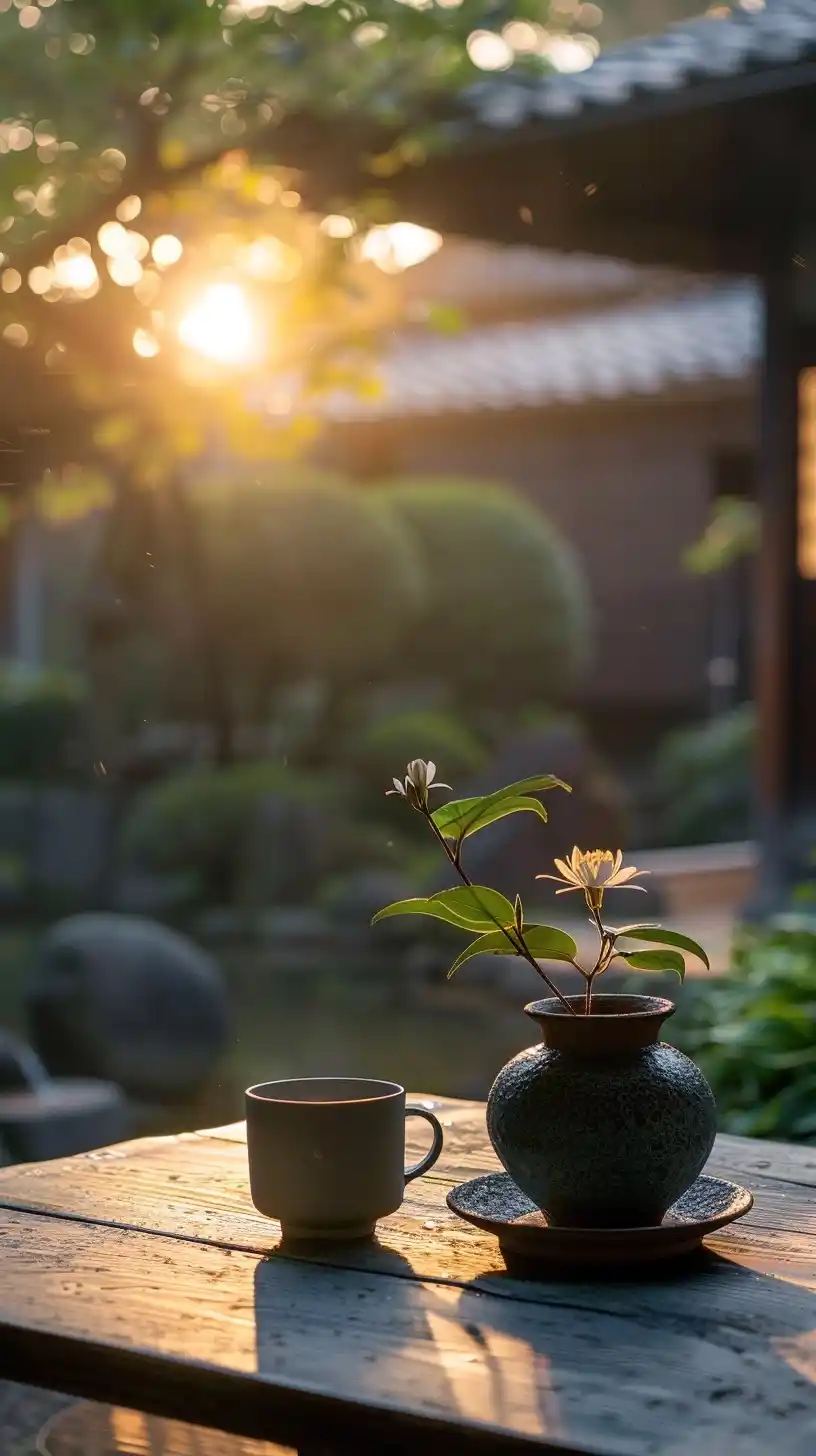 Zen Garden Sunrise Tablescape Midjourney提示词