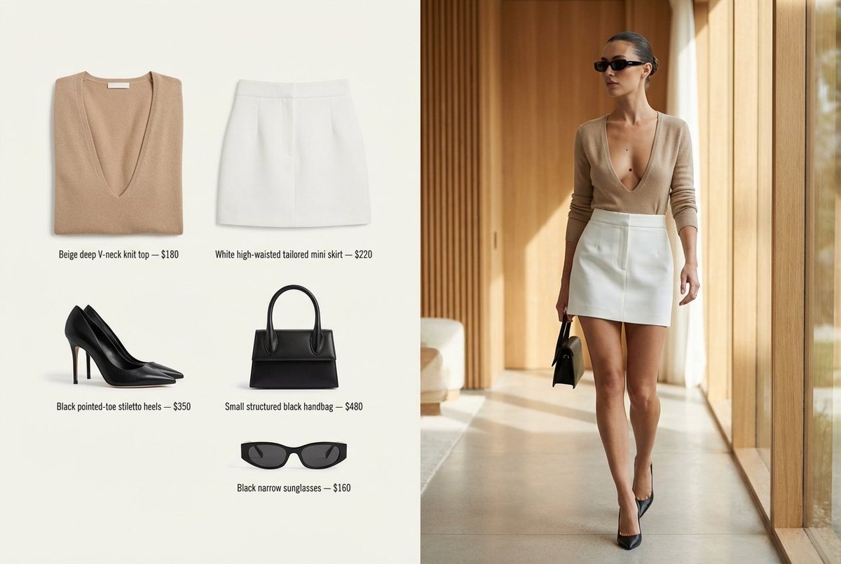 Elegant Fashion: Beige Knit Top, White Mini Skirt & Heels Nano Banana提示词