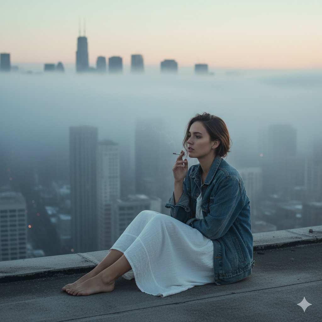 Rooftop Portrait | Woman in Foggy City | Contemplative Nano Banana提示词