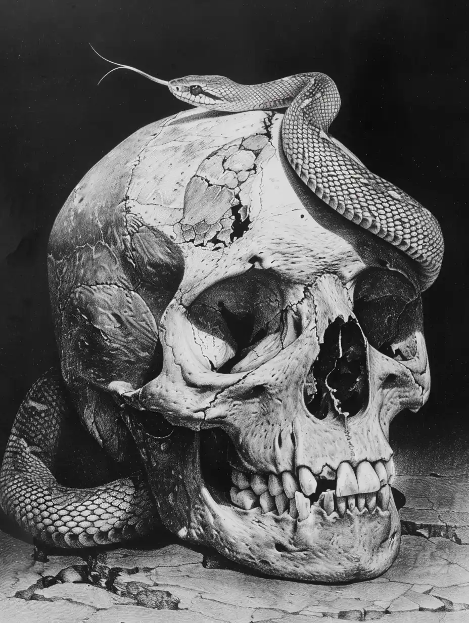Realistic Skull with Snake Midjourney提示词