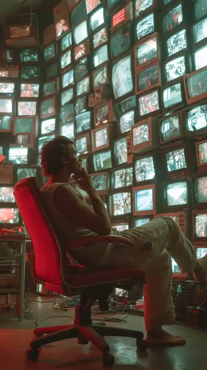 Muscular Man Amid Screens Midjourney提示词