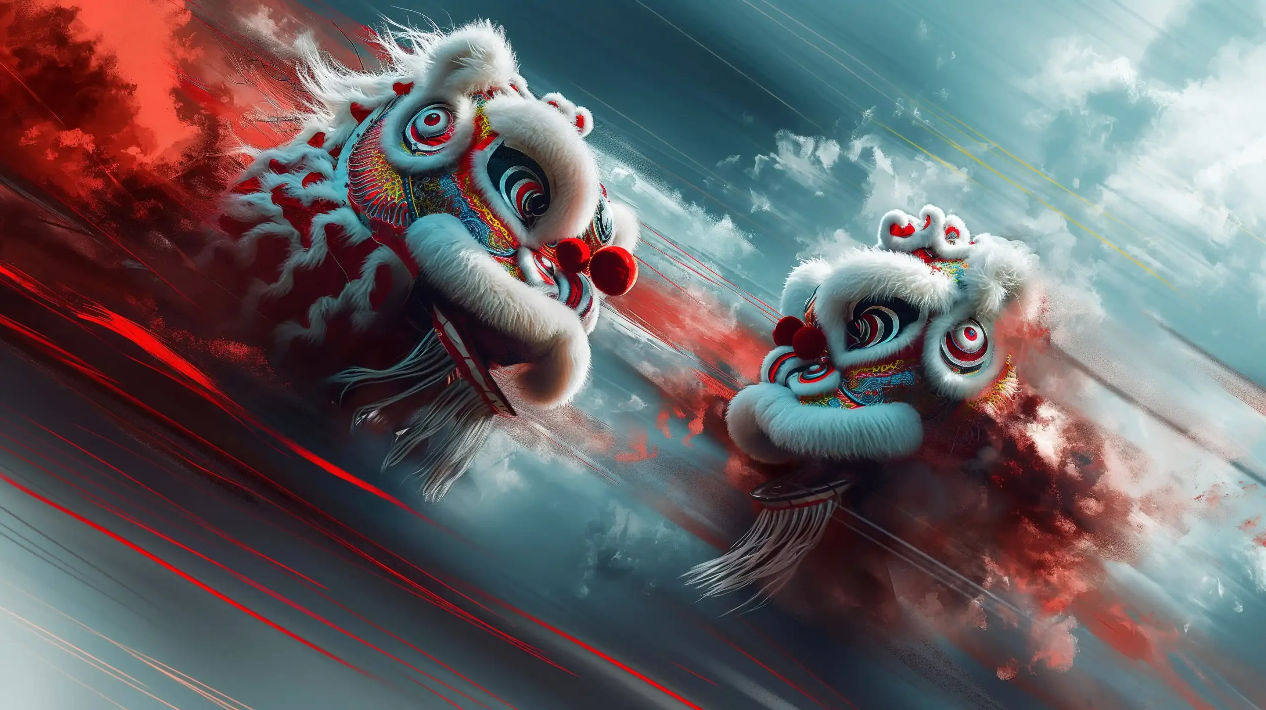 Dynamic Lion Dance Battle Midjourney提示词