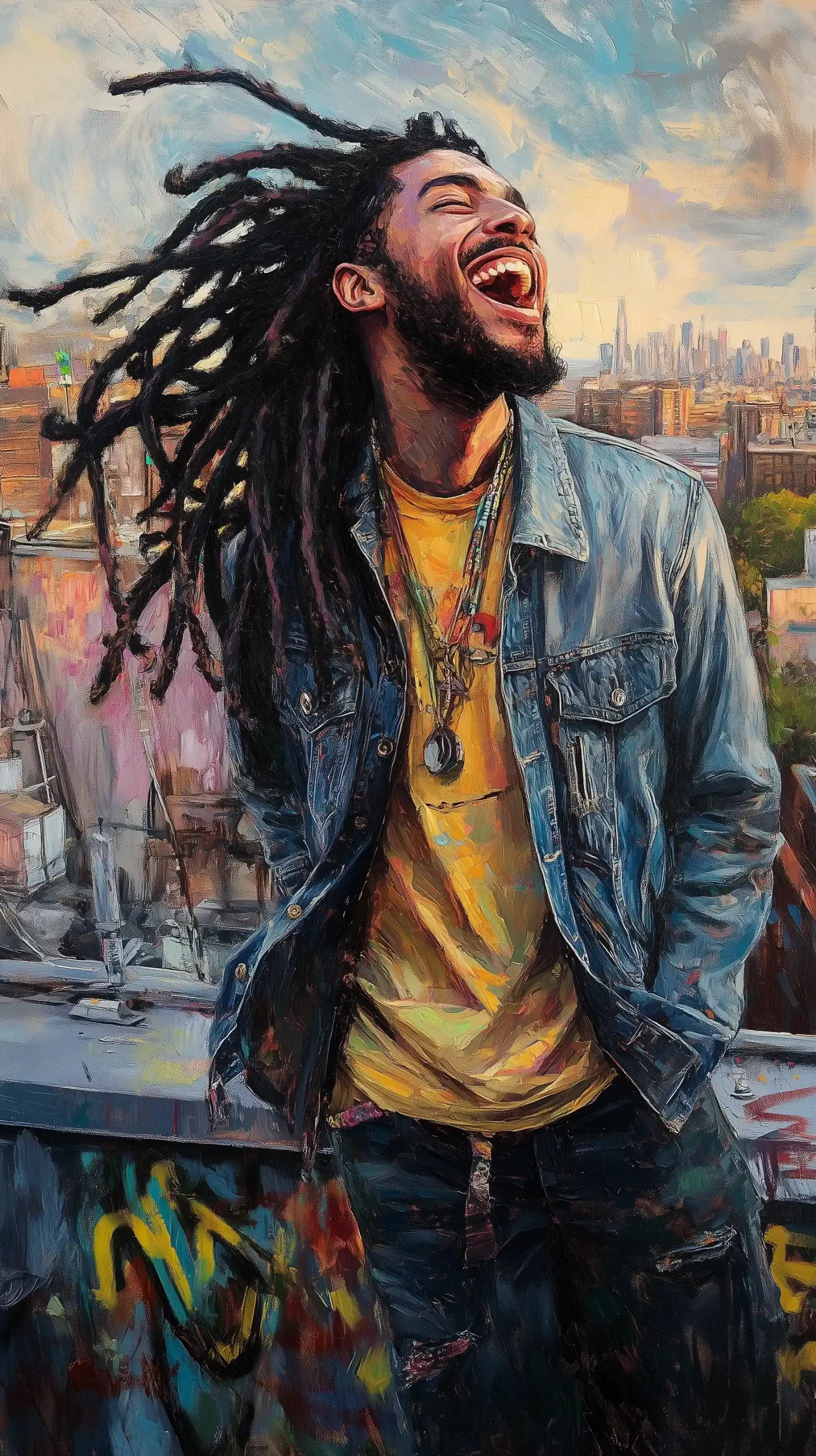 Dreadlocked Man on Rooftop Midjourney提示词